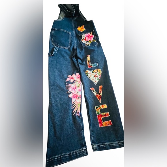 Denim - Refashioned Denim Overalls | Handmade LOVE Tropical Art Overalls | Size Small
